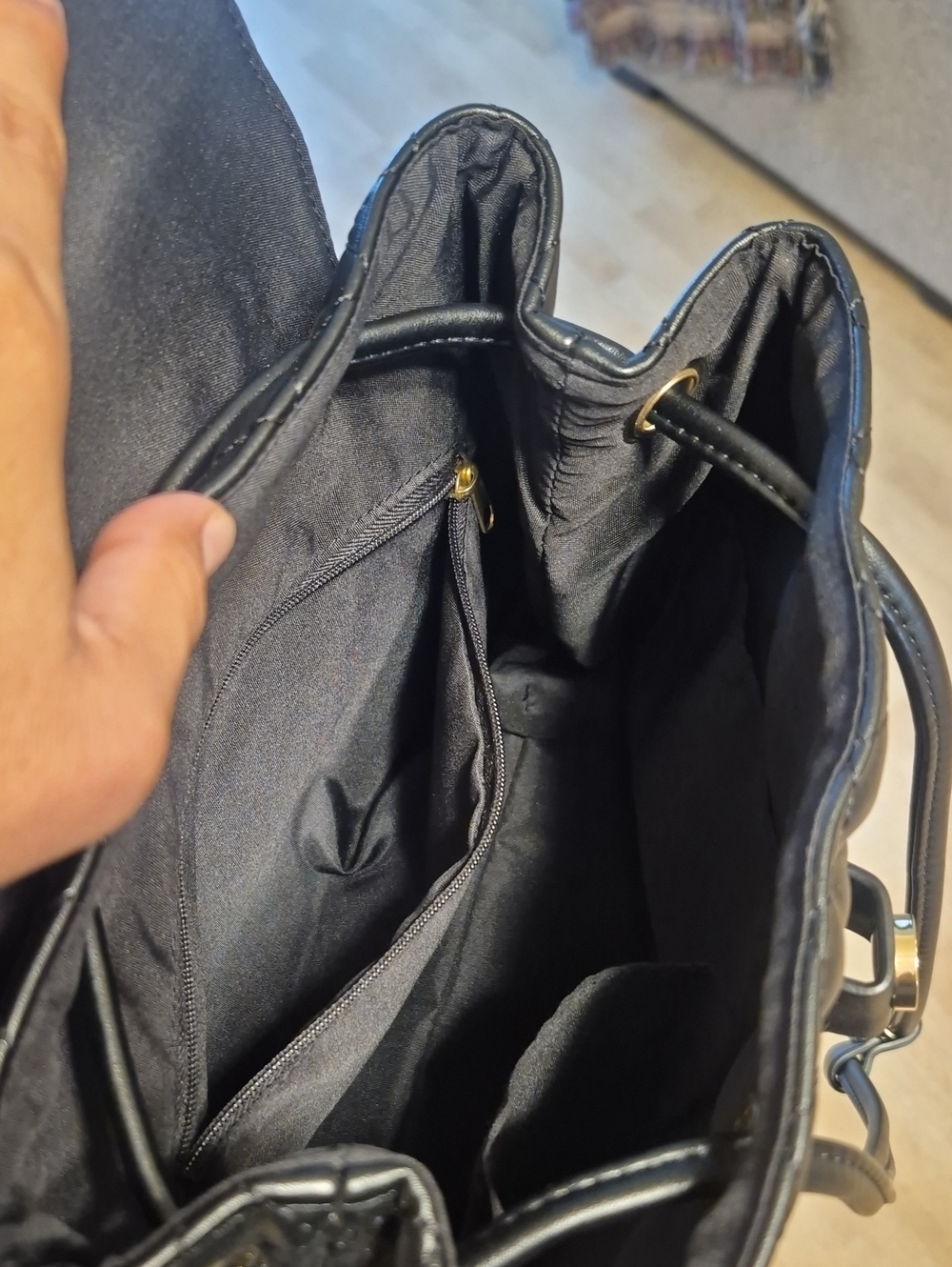 Harrods Quilted Black Backpack Textured Diamond Pattern Gold Tones - Picture 4 of 11